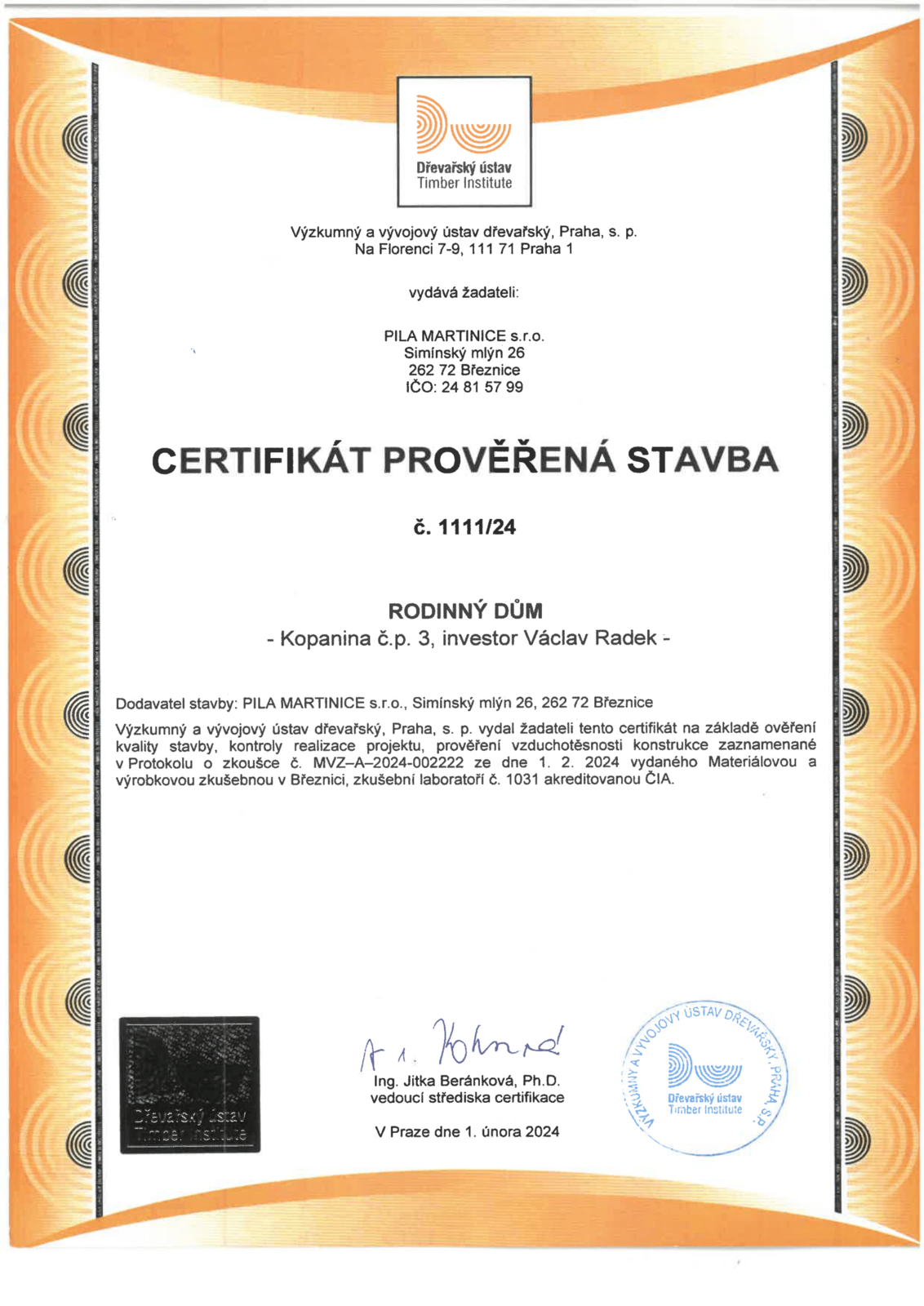 Certifikát Prověřená stavba